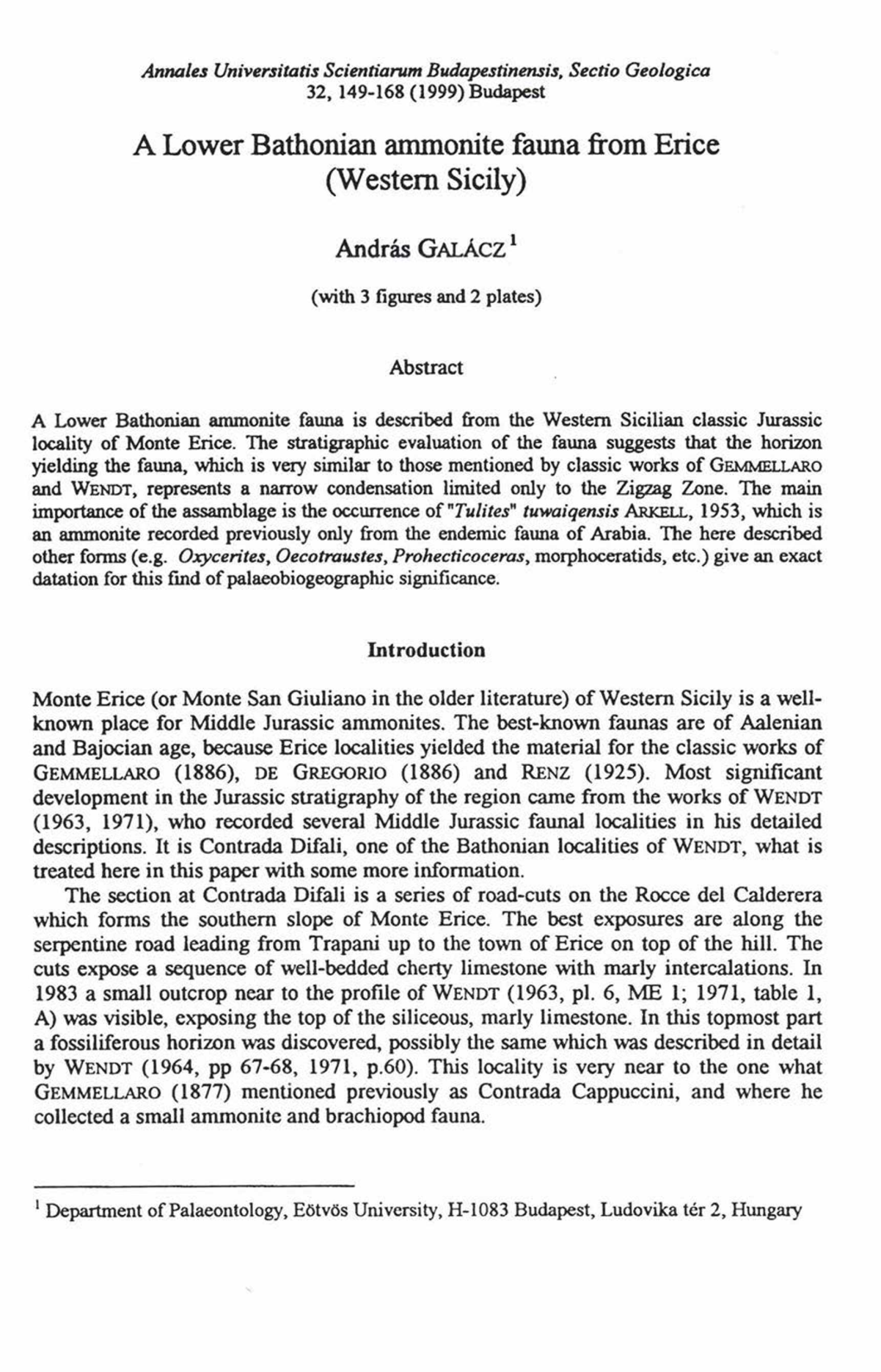 A Lower Bathonian Ammonite Fauna from Erice (Western Sicily)