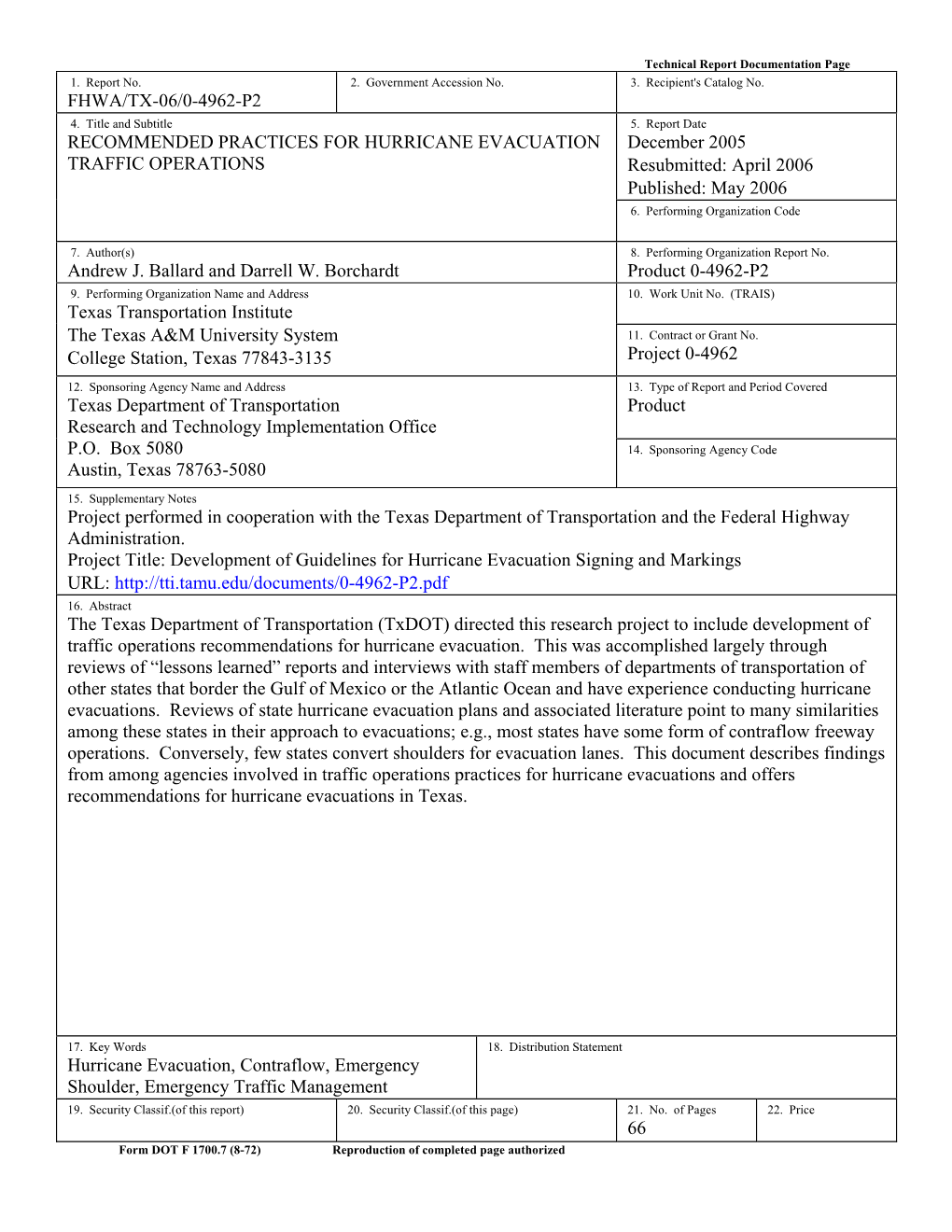 Recommended Practices for Hurricane Evacuation Traffic Operations