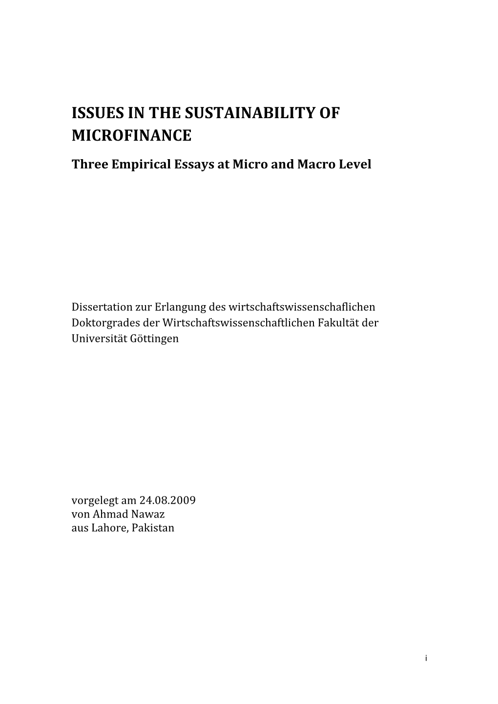 Issues in the Sustainability of Microfinance