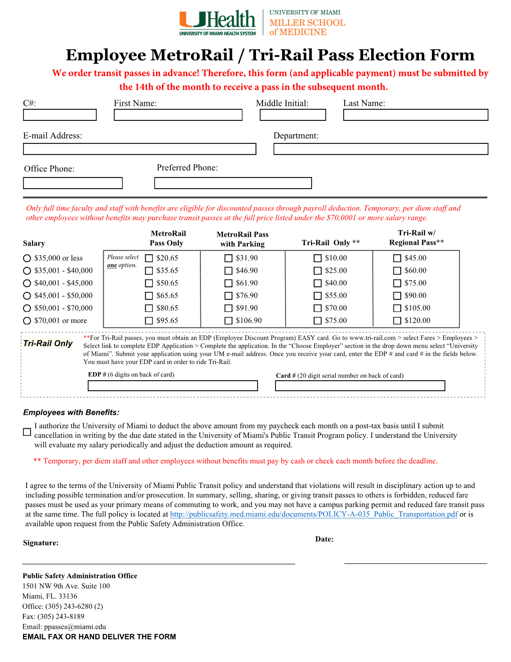 Employee Metrorail / Tri-Rail Pass Election Form