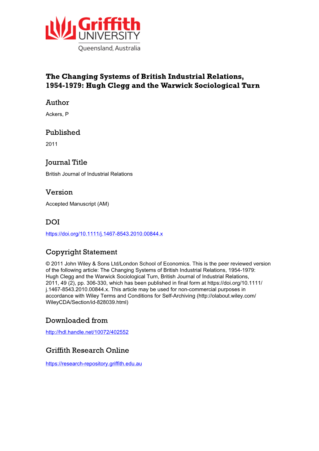 The Changing Systems of British Industrial Relations, 1954-1979: Hugh Clegg and the Warwick Sociological Turn