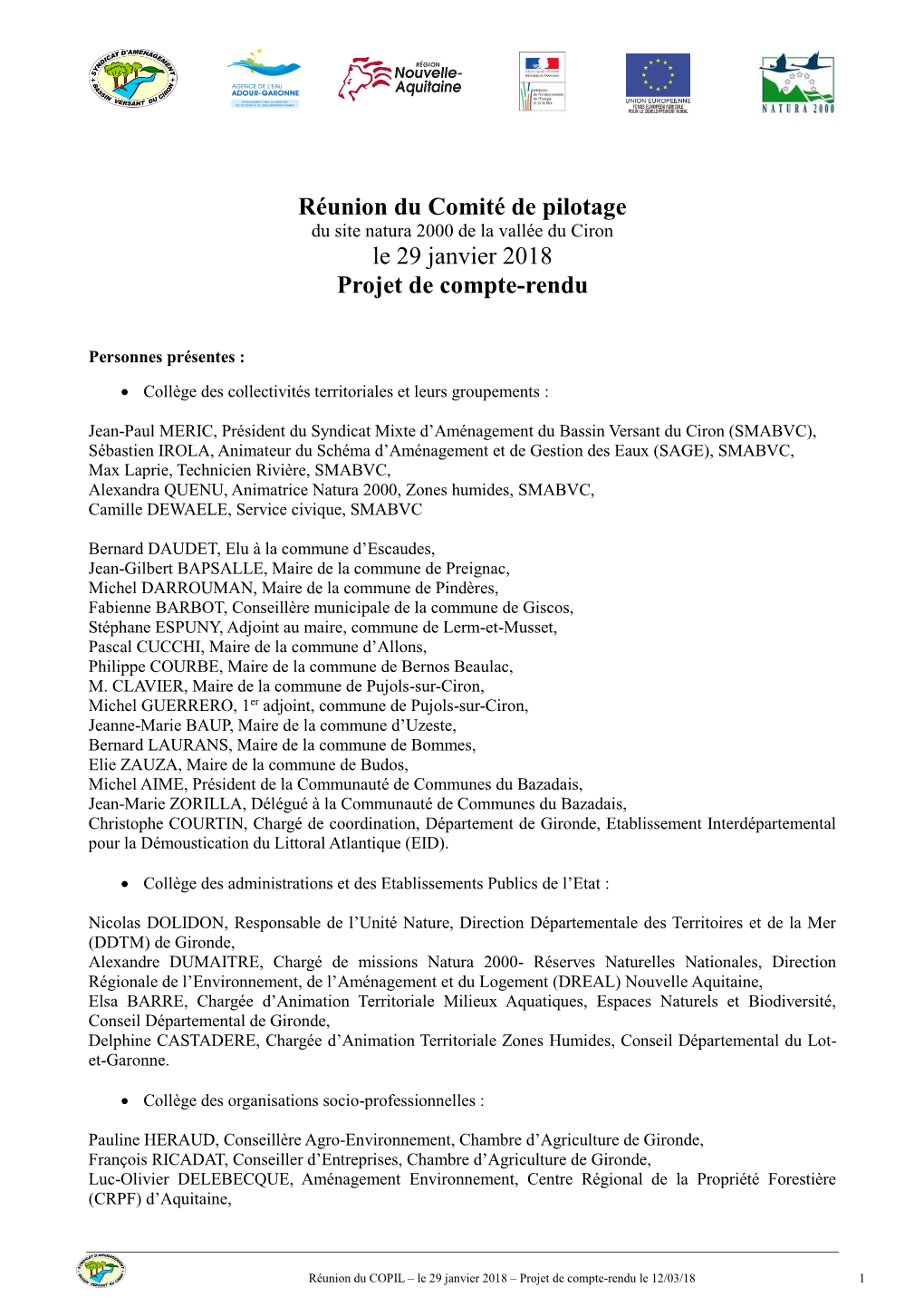 Réunion Du Comité De Pilotage Le 29 Janvier 2018 Projet De Compte-Rendu