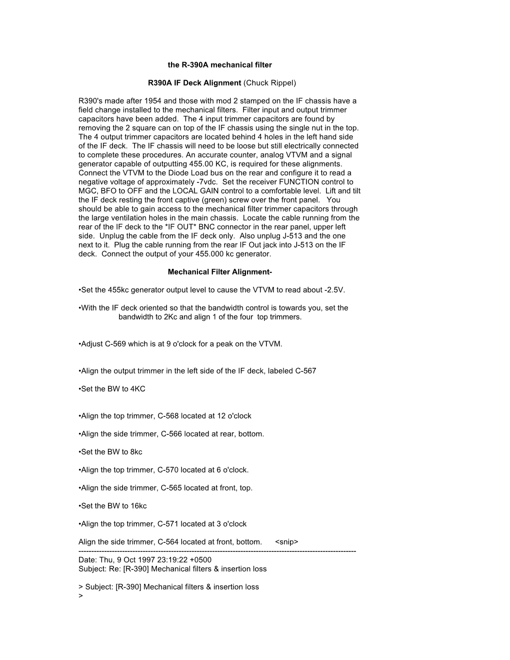 The R-390A Mechanical Filter R390A IF Deck Alignment