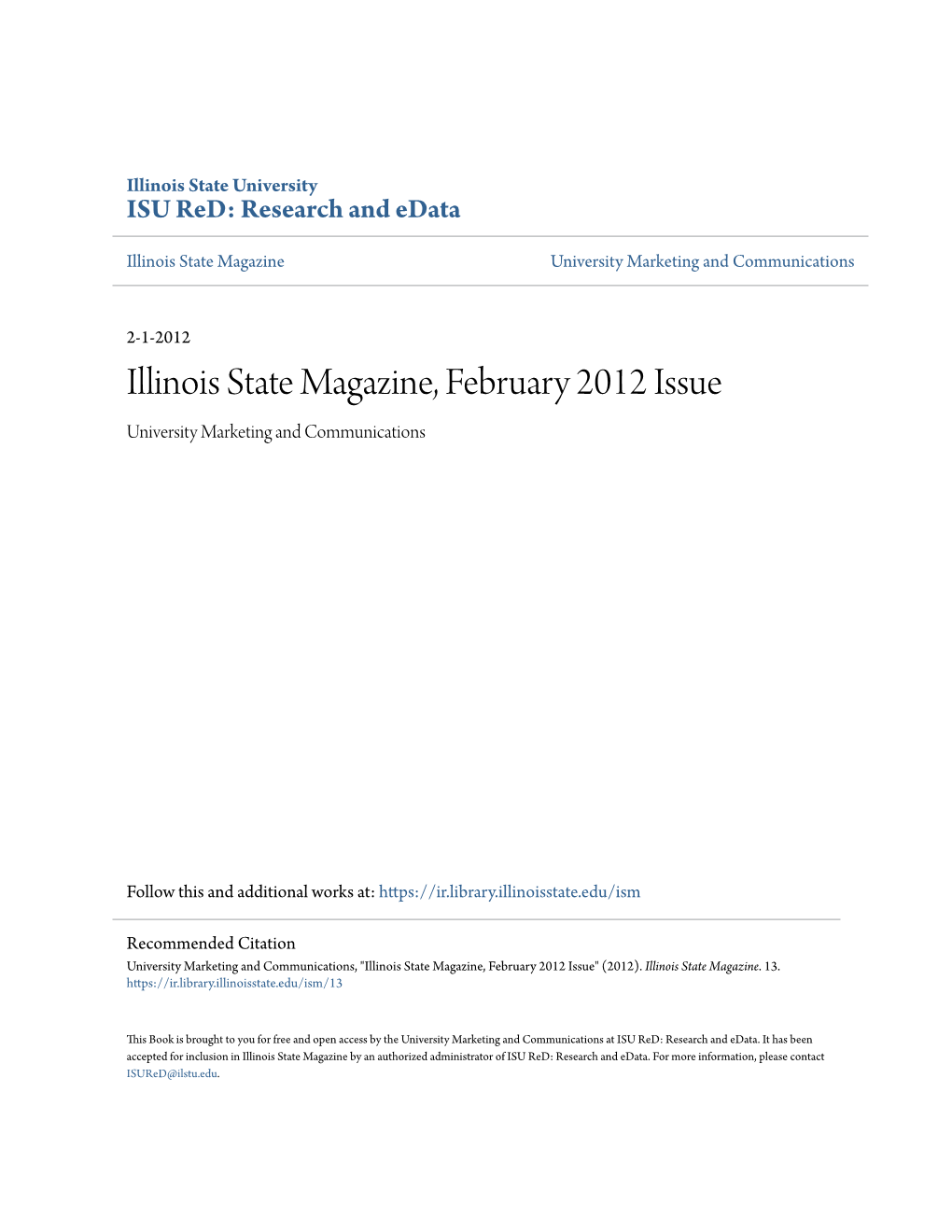 Illinois State Magazine, February 2012 Issue University Marketing and Communications