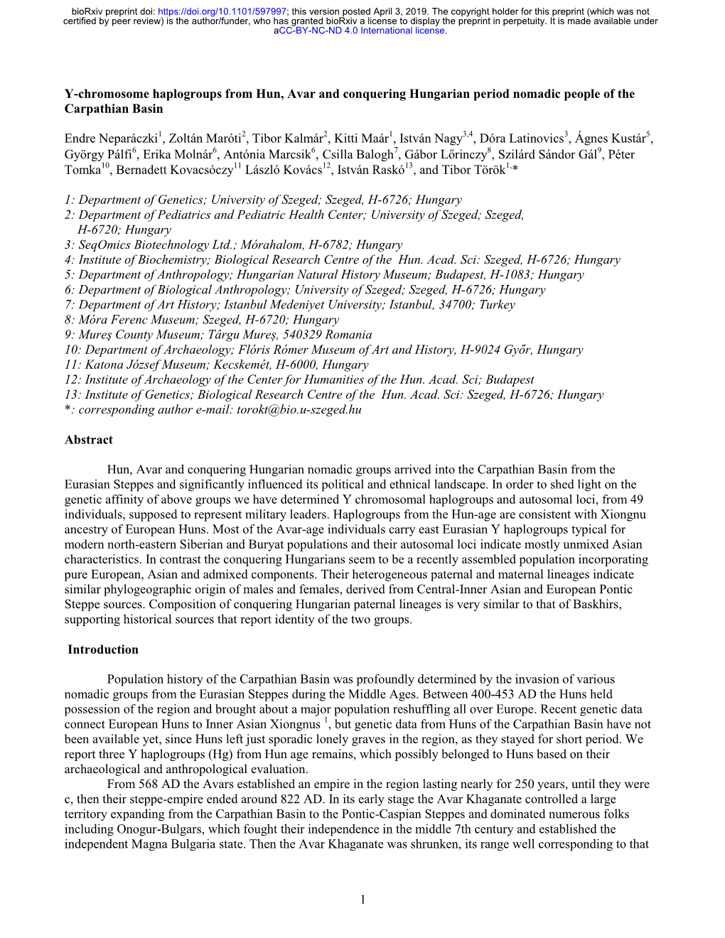 Y-Chromosome Haplogroups from Hun, Avar and Conquering Hungarian Period Nomadic People of the Carpathian Basin