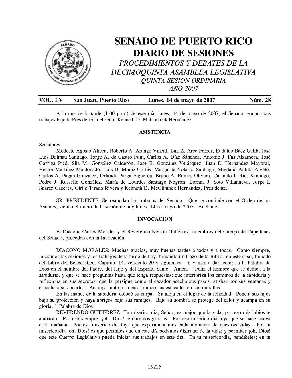 Senado De Puerto Rico Diario De Sesiones Procedimientos Y Debates De La Decimoquinta Asamblea Legislativa Quinta Sesion Ordinaria Año 2007 Vol