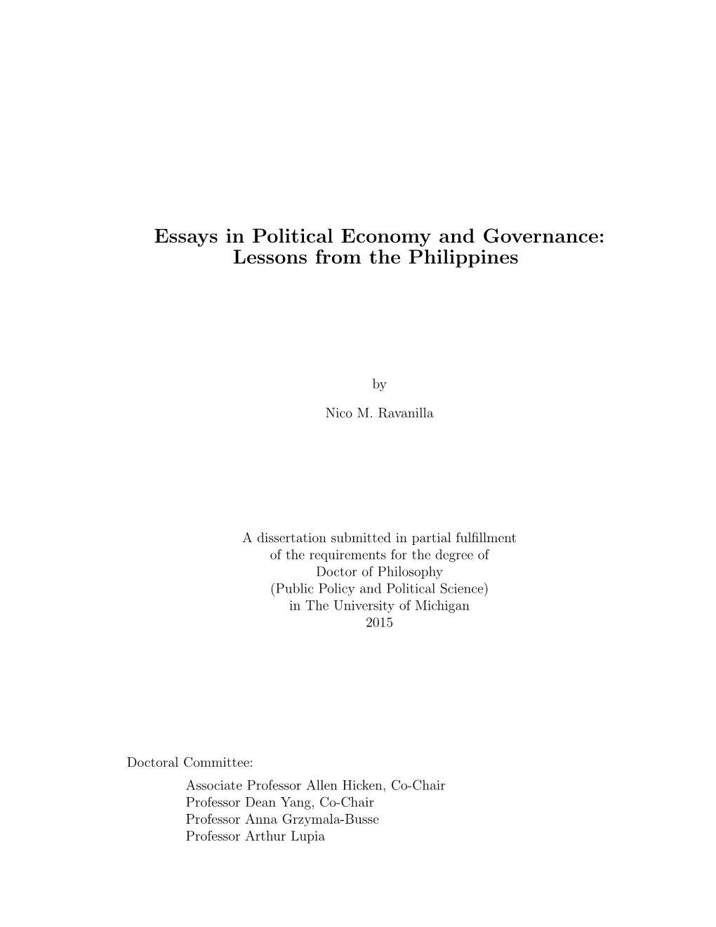 Essays in Political Economy and Governance: Lessons from the Philippines