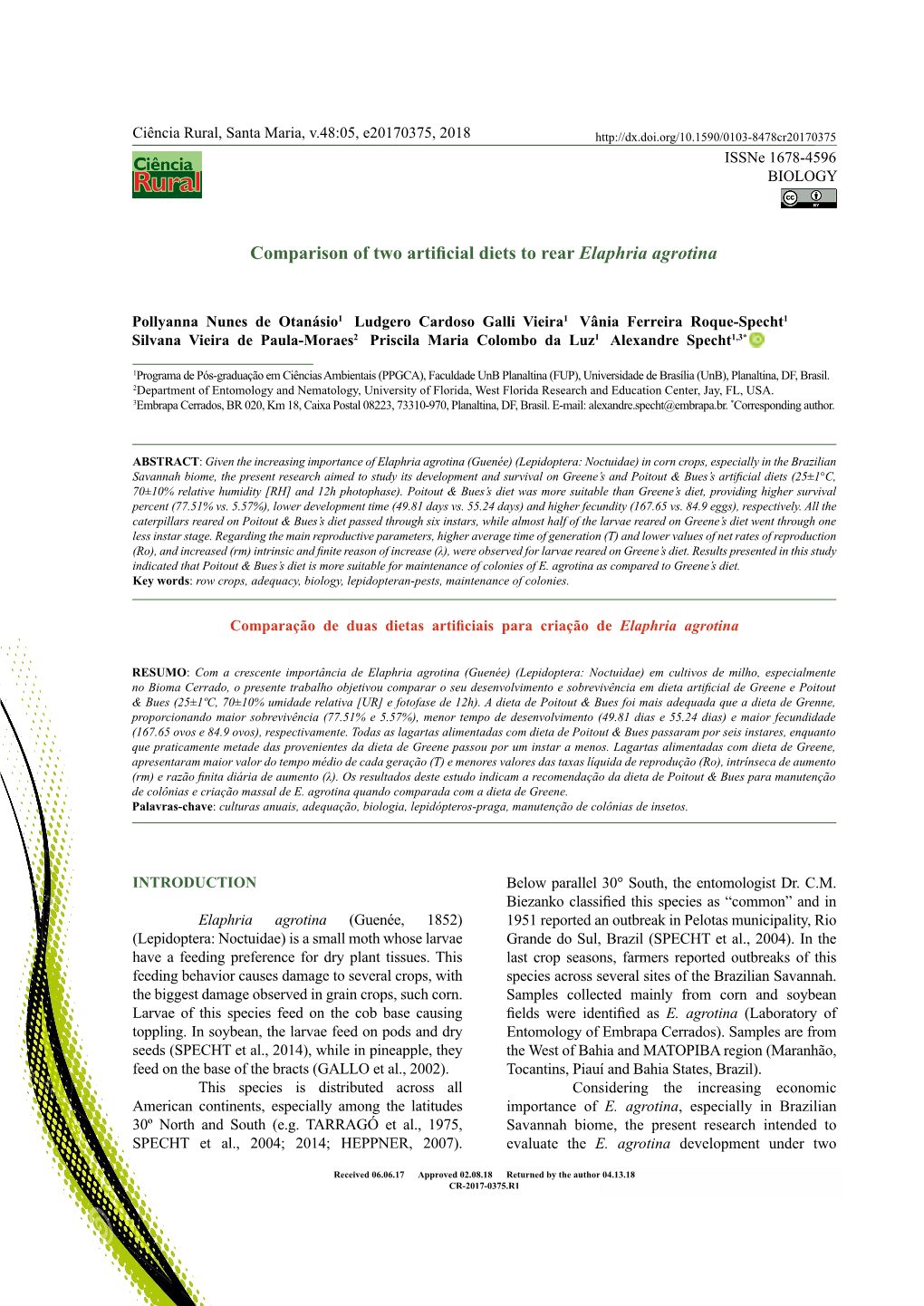 Comparison of Two Artificial Diets to Rear Elaphria Agrotina