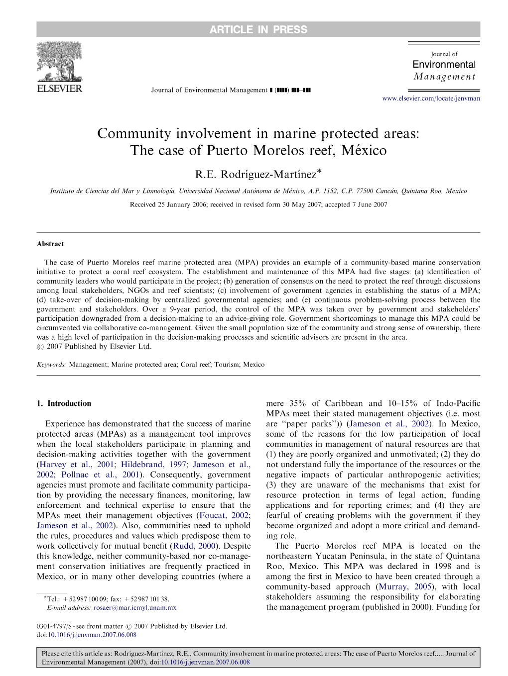 Community Involvement in Marine Protected Areas: the Case of Puerto Morelos Reef, Me´Xico