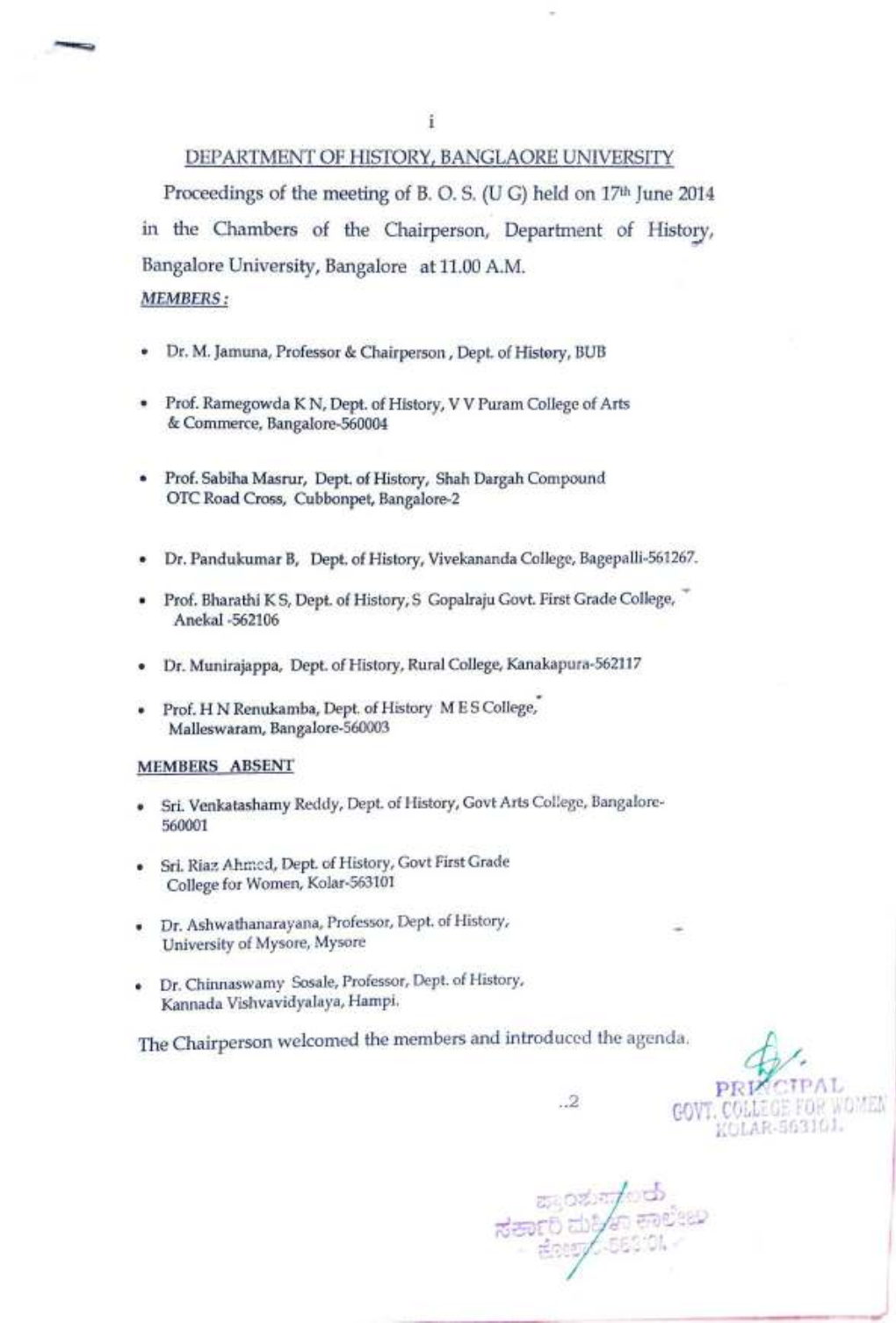 DEPARTMENT of HISTORY,BANGLAORE UNIVERSITY Proceedings of the Meeting of B