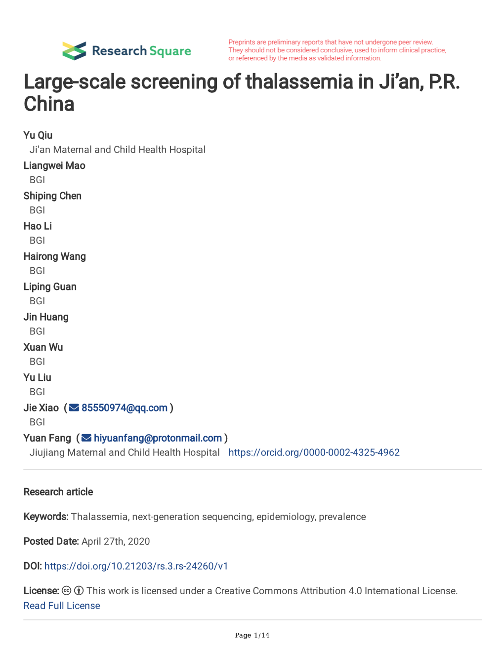 Large-Scale Screening of Thalassemia in Ji'an, P.R. China