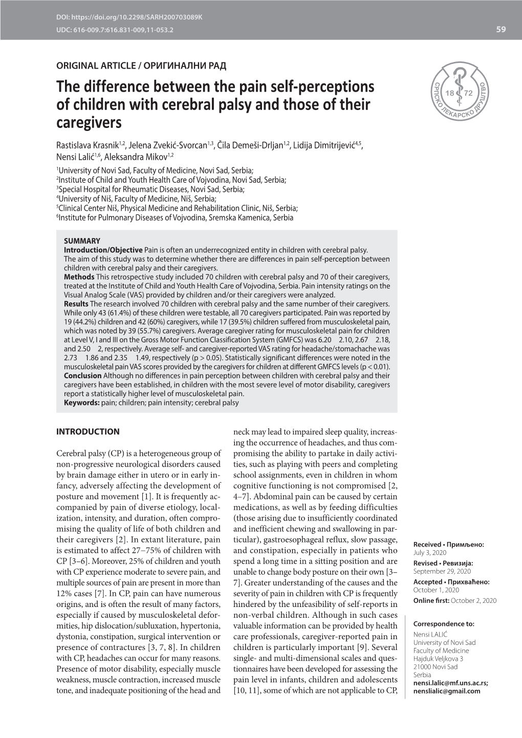 The Difference Between the Pain Self-Perceptions of Children With