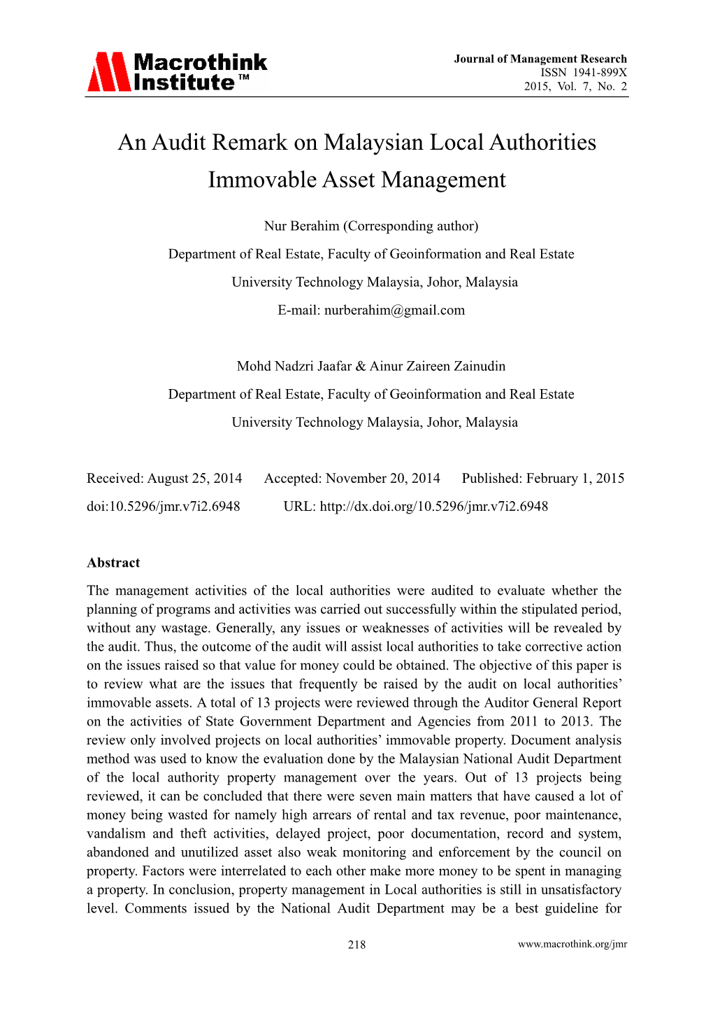 An Audit Remark on Malaysian Local Authorities Immovable Asset Management