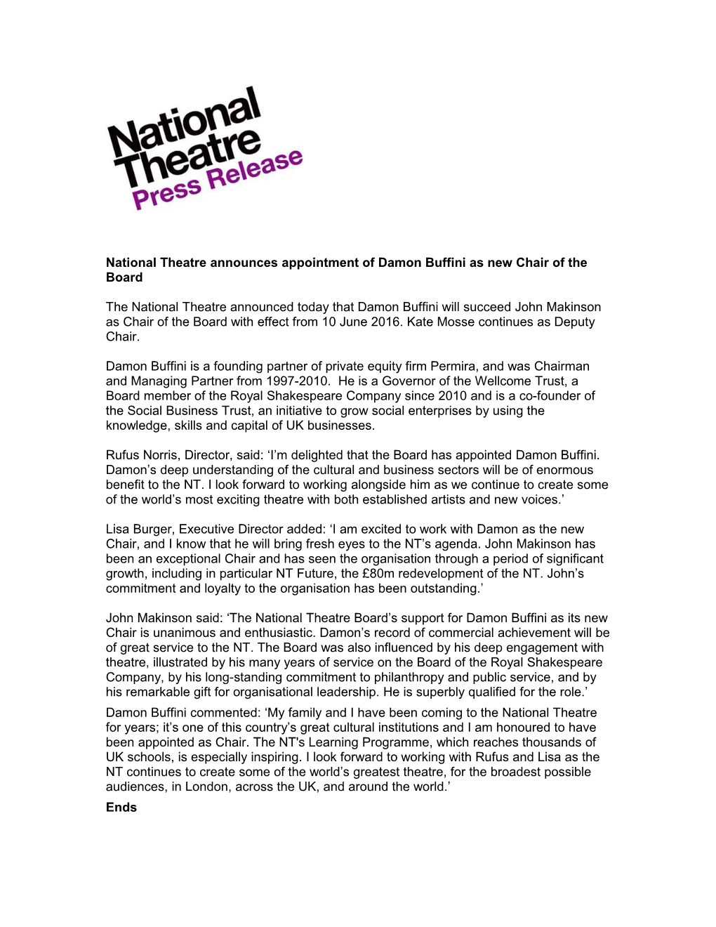 National Theatre Announces Appointment of New Chairman