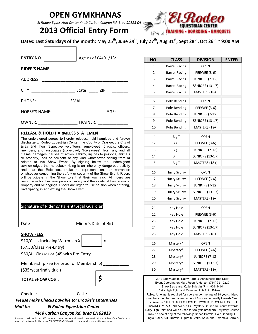 OPEN GYMKHANAS 2013 Official Entry Form