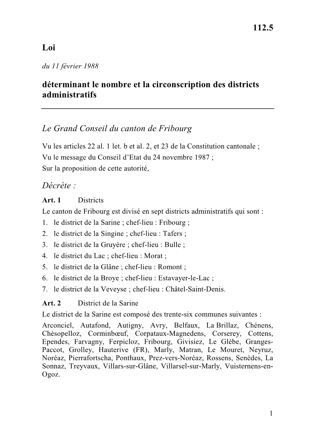 Loi Du 11 Février 1988 Déterminant Le Nombre Et La Circonscription Des Districts Administratifs
