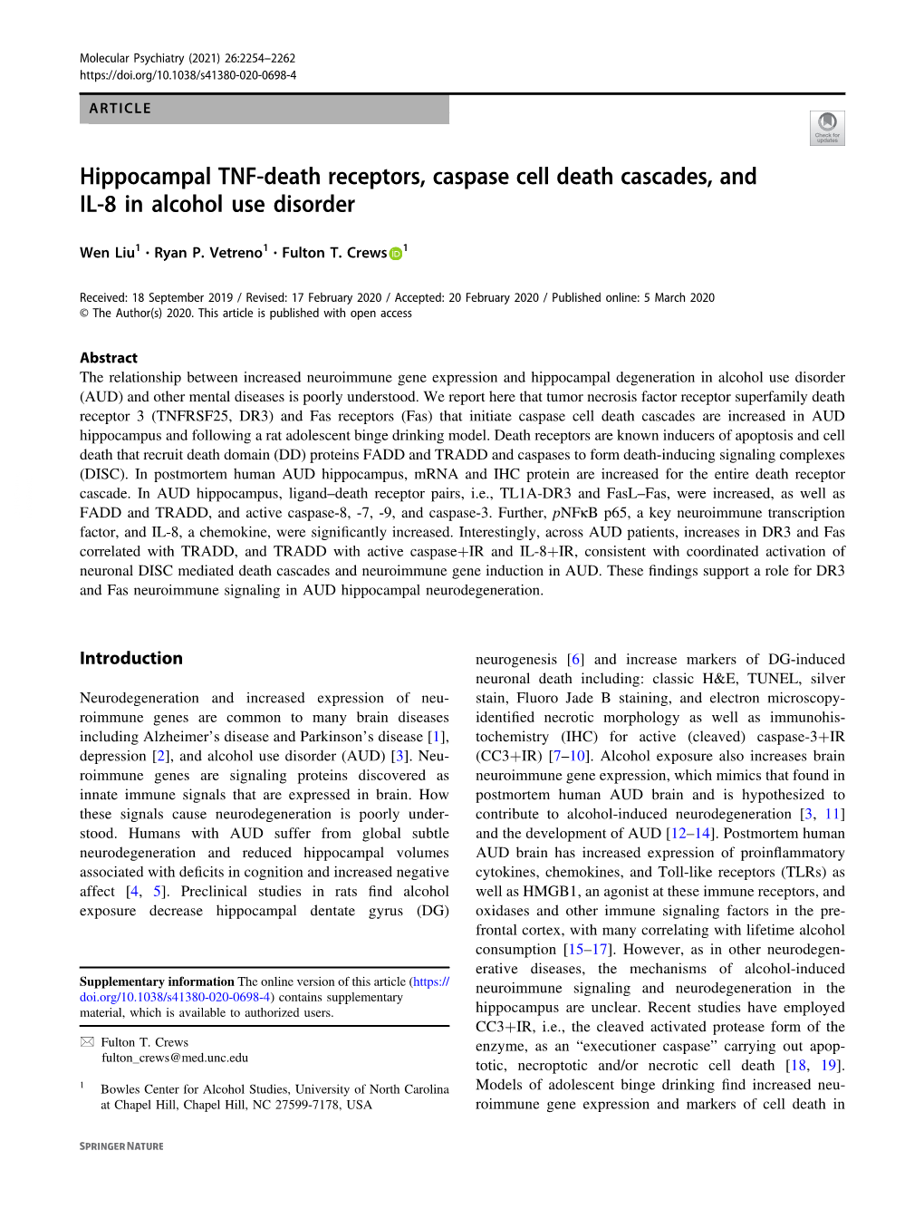 Hippocampal TNF-Death Receptors, Caspase Cell Death Cascades, and IL-8 in Alcohol Use Disorder