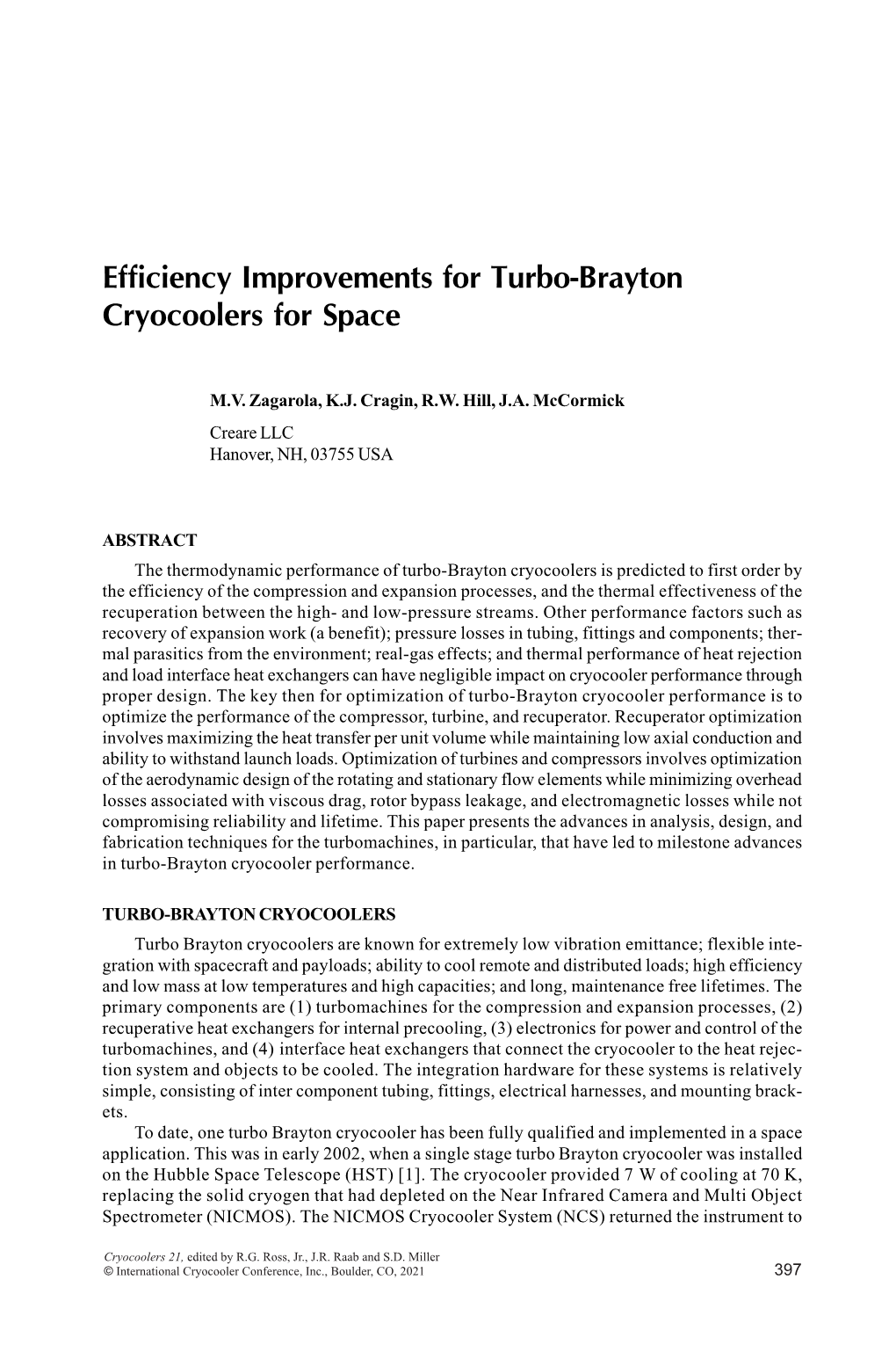 Efficiency Improvements for Turbo-Brayton Cryocoolers for Space