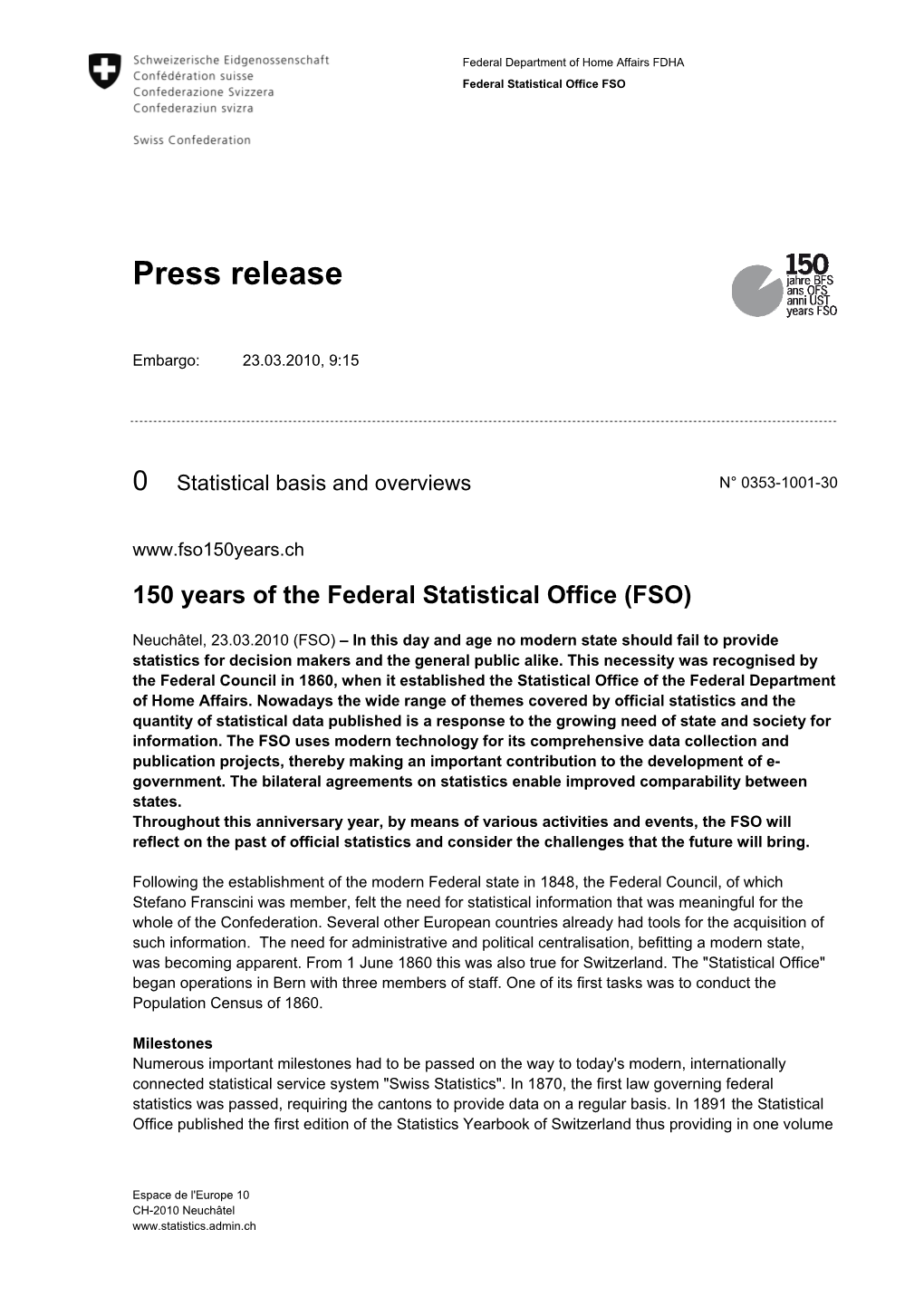 Press Release: 150 Years of the Federal Statistical Office