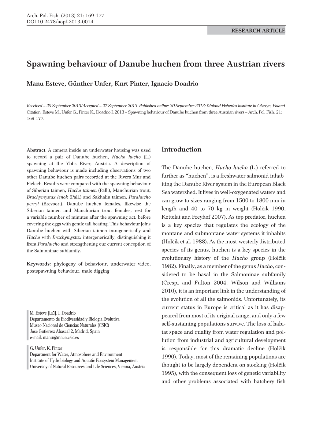 Spawning Behaviour of Danube Huchen from Three Austrian Rivers