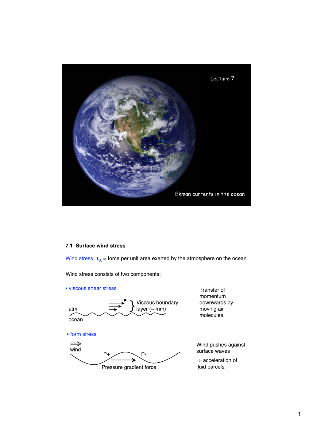 Lecture 1 Ekman Currents in the Ocean Lecture 7 7.1 Surface Wind Stress