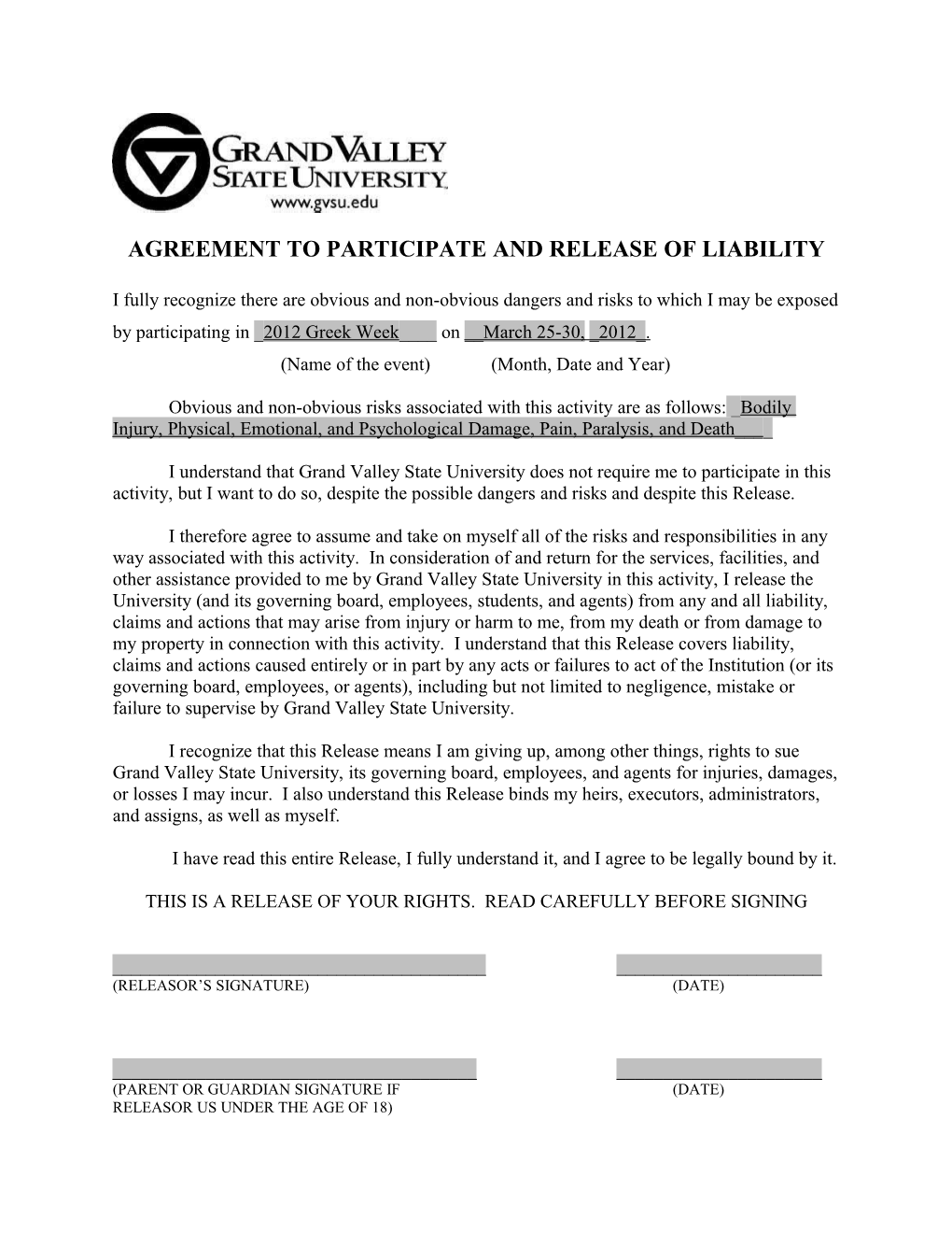 Agreement to Participate and Release of Liability