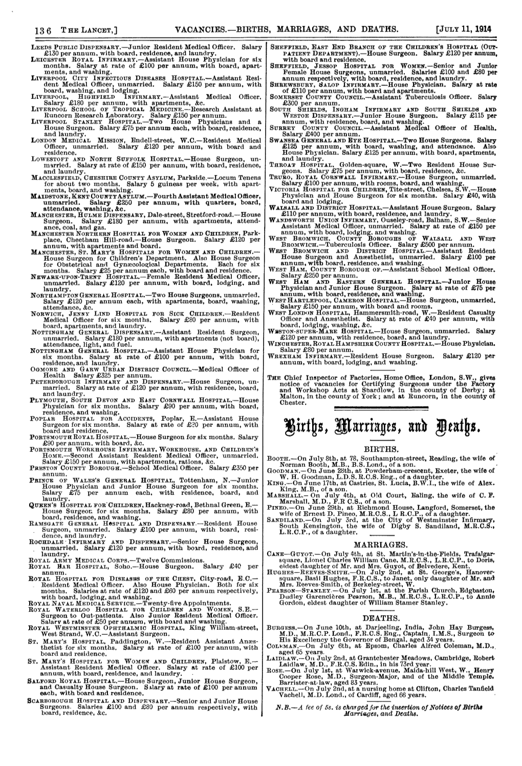 Births, Marriages, and Deaths. 90 Per Annum, with Board, &C