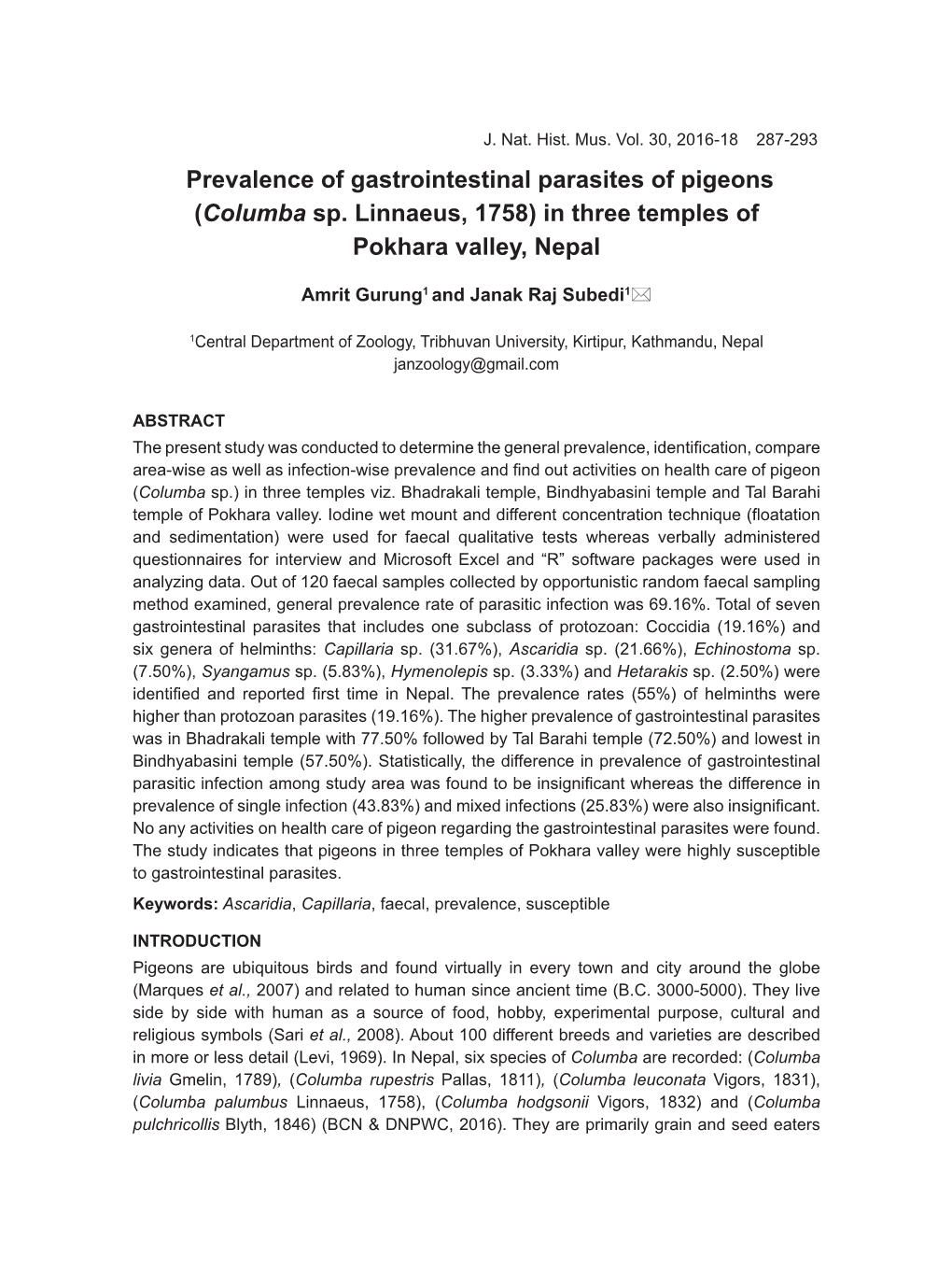 Prevalence of Gastrointestinal Parasites of Pigeons (Columba Sp