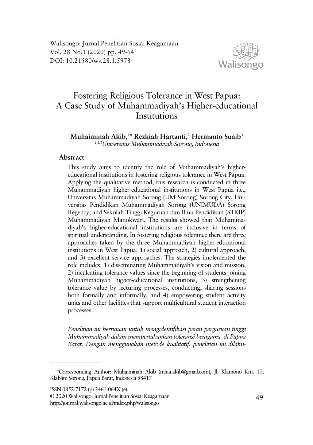 Fostering Religious Tolerance in West Papua: a Case Study of Muhammadiyah’S Higher-Educational Institutions