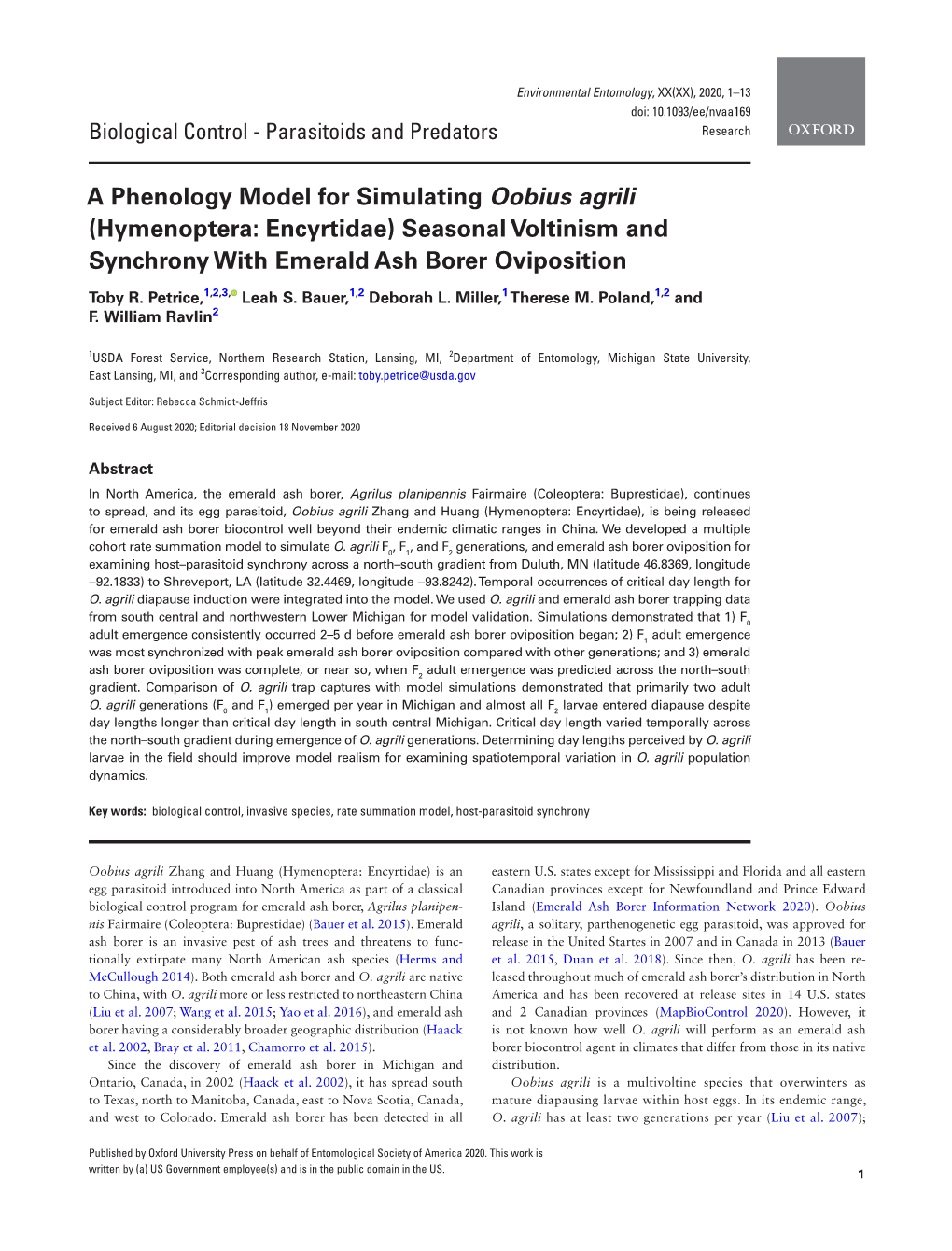 Seasonal Voltinism and Synchrony with Emerald Ash Borer Oviposition