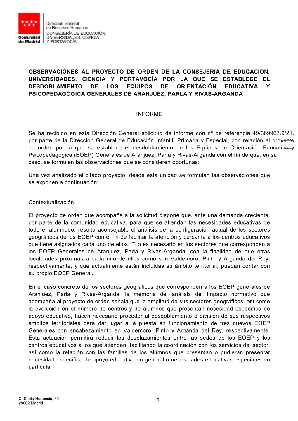 Observaciones Al Proyecto De Orden De La Consejería De Educación