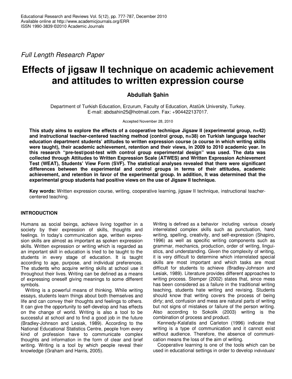 Effects of Jigsaw II Technique on Academic Achievement and Attitudes to Written Expression Course