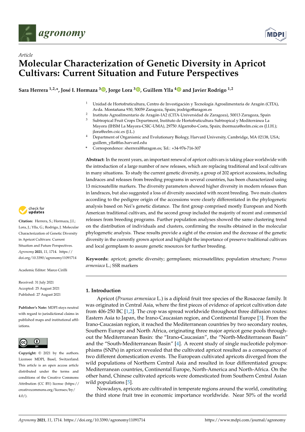 Molecular Characterization of Genetic Diversity in Apricot Cultivars: Current Situation and Future Perspectives