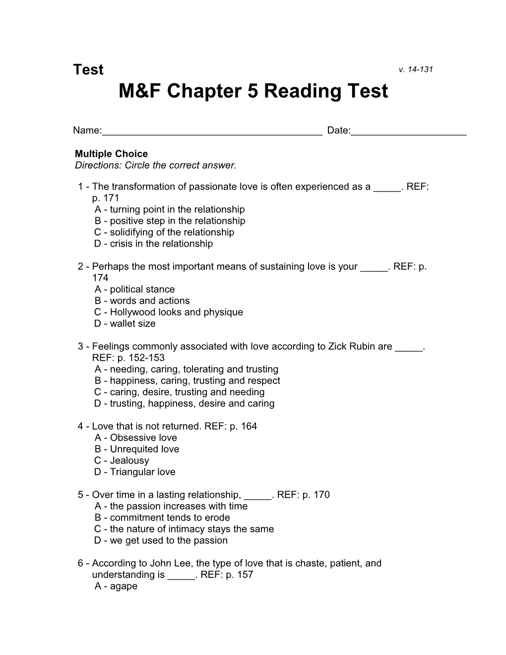 M&F Chapter 5 Reading Test