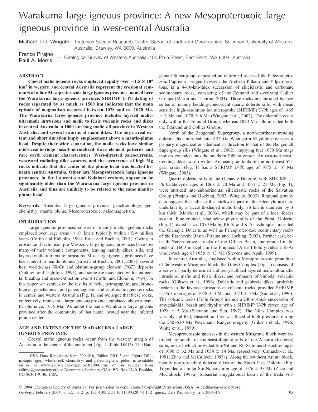 Warakurna Large Igneous Province: a New Mesoproterozoic Large Igneous Province in West-Central Australia