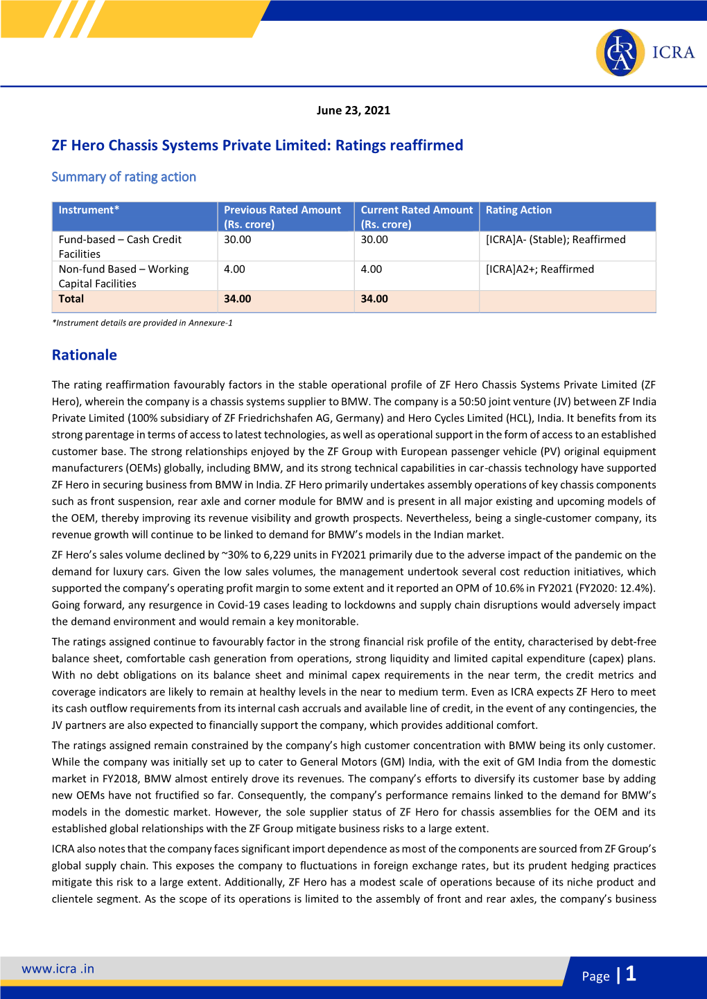 ZF Hero Chassis Systems Private Limited: Ratings Reaffirmed Rationale