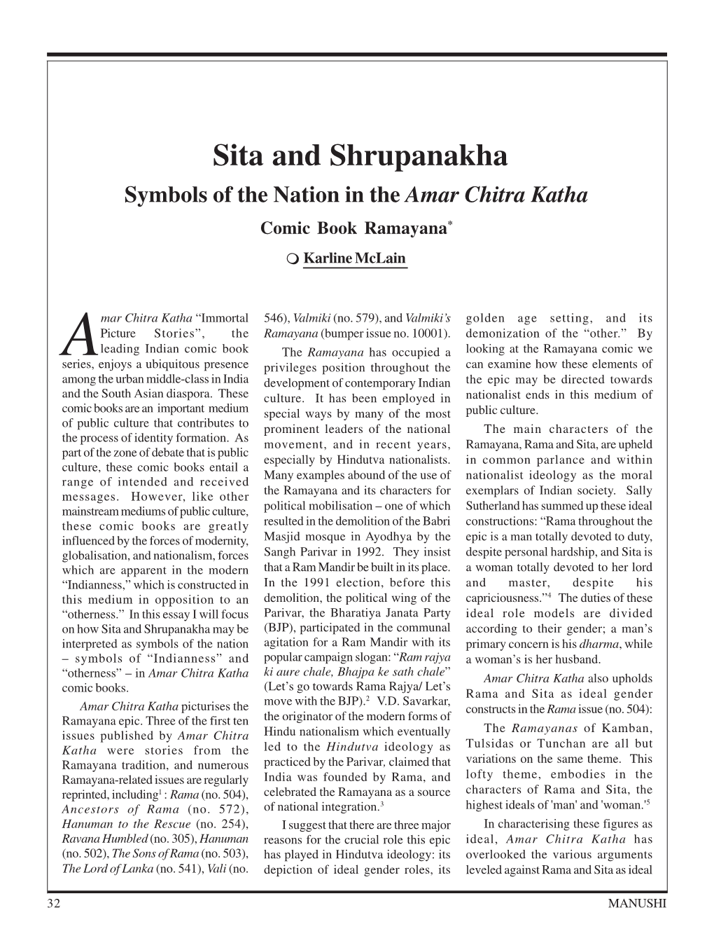 Sita and Shrupanakha Symbols of the Nation in the Amar Chitra Katha Comic Book Ramayana*  Karline Mclain