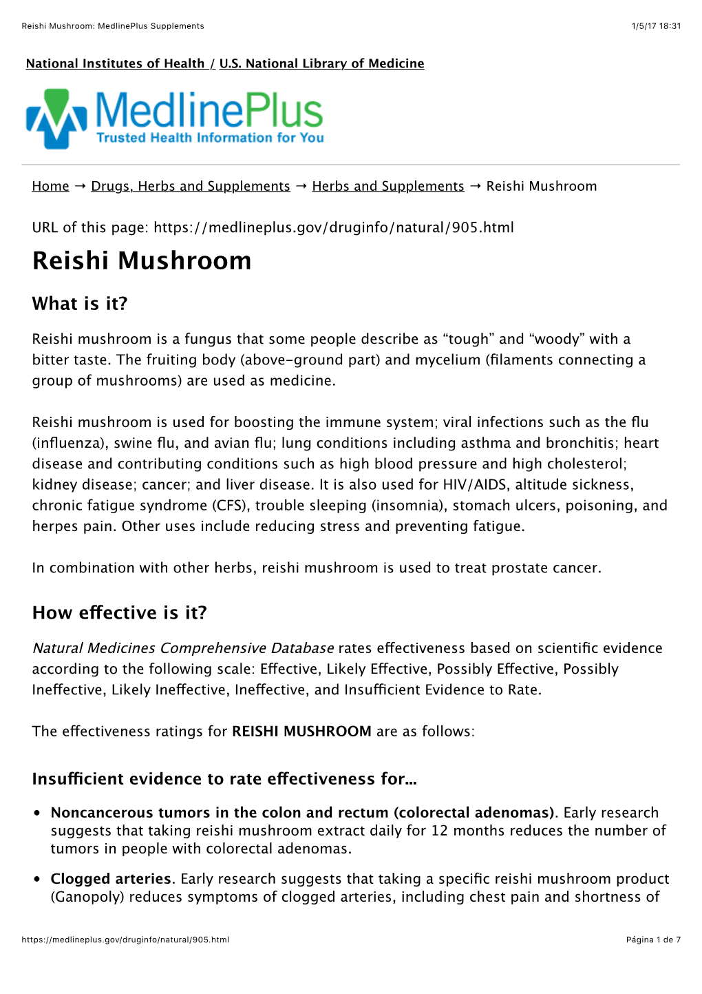 Reishi Mushroom: Medlineplus Supplements 1/5/17 18:31