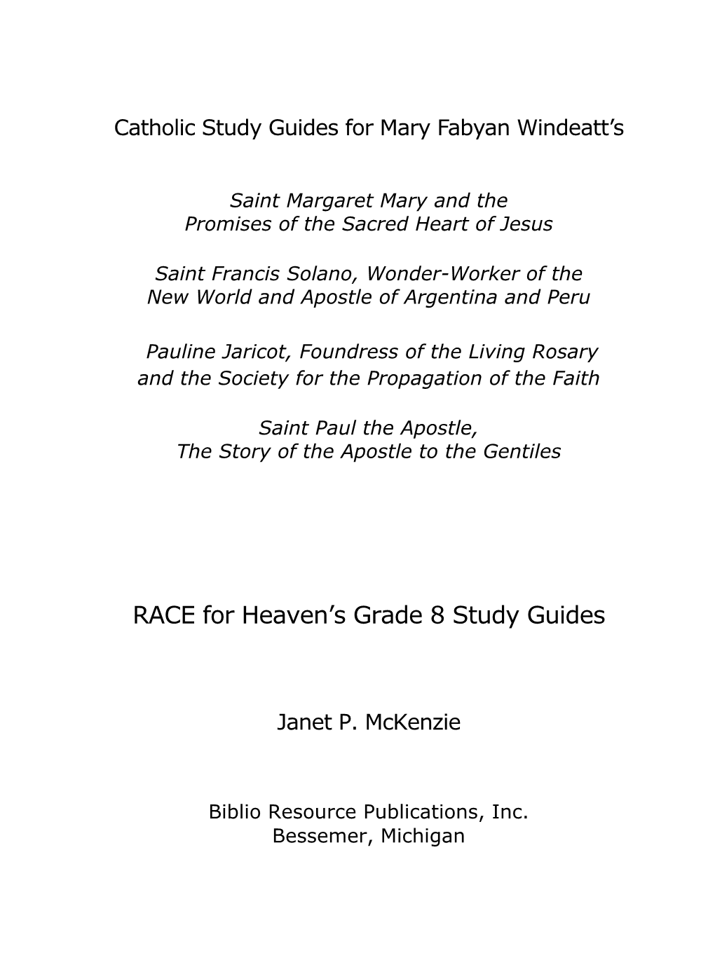 RACE for Heaven's Grade 8 Study Guides