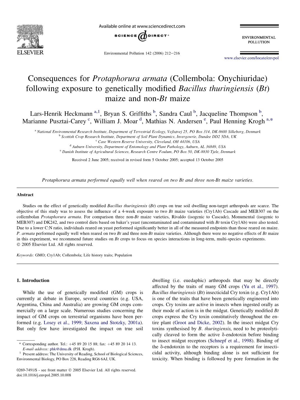 Consequences for Protaphorura Armata (Collembola: Onychiuridae) Following Exposure to Genetically Modified Bacillus Thuringiensi