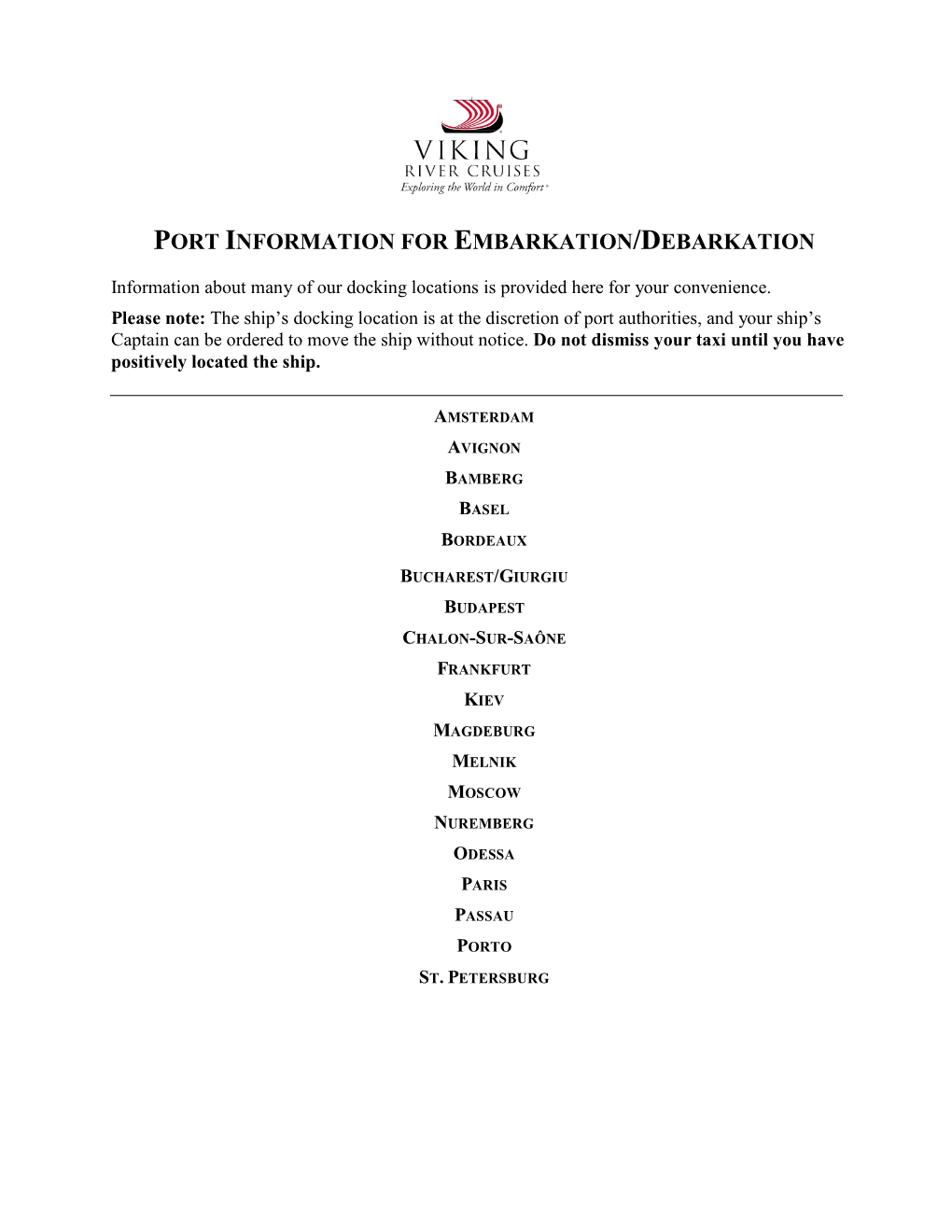 Port Information for Embarkation/Debarkation