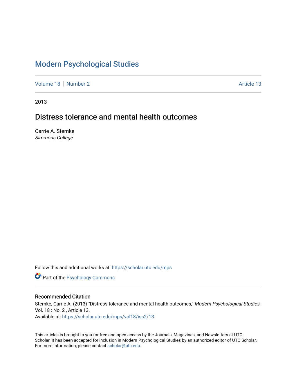 Distress Tolerance and Mental Health Outcomes