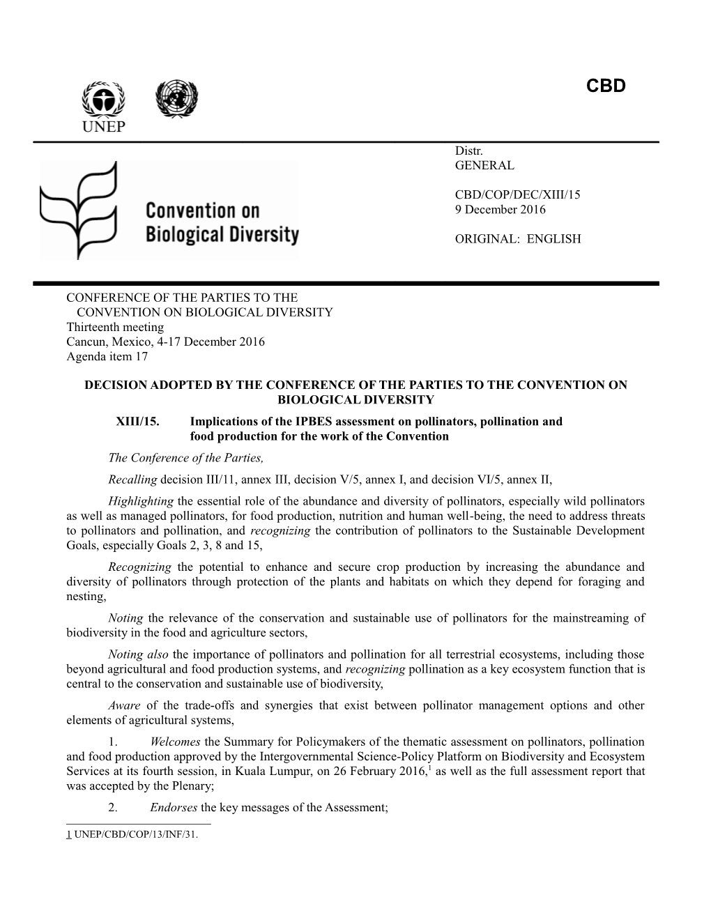 Implications of the IPBES Assessment on Pollinators, Pollination and Food Production For