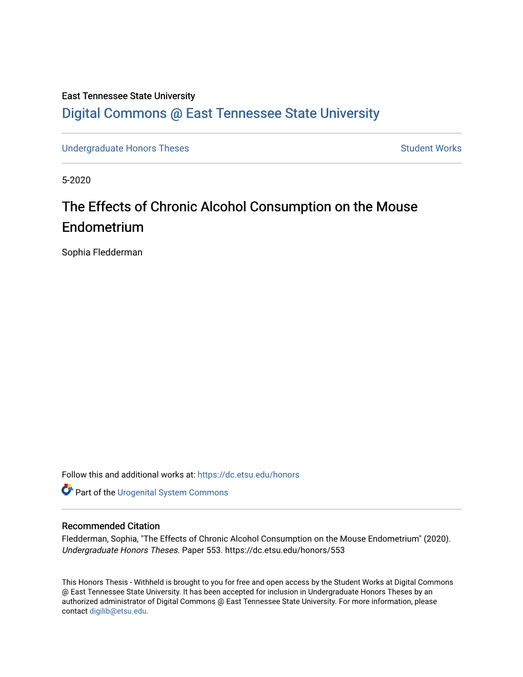 The Effects of Chronic Alcohol Consumption on the Mouse Endometrium