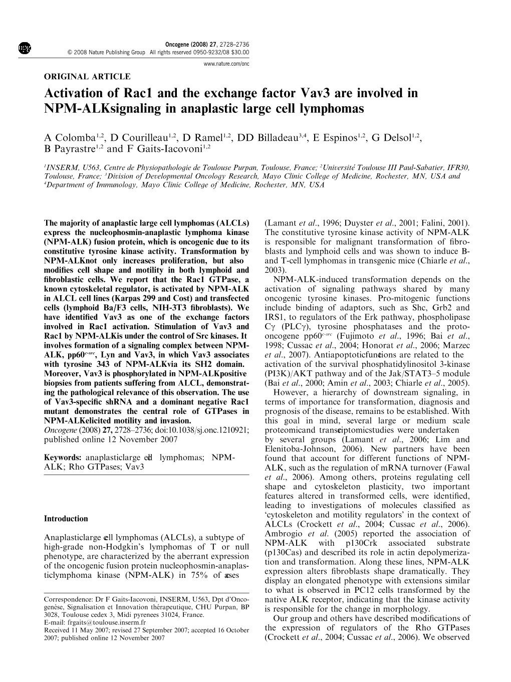 Activation of Rac1 and the Exchange Factor Vav3 Are Involved in NPM-Alksignaling in Anaplastic Large Cell Lymphomas