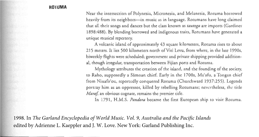 1998. in the Garland Encyclopedia of World Music. Vol. 9, Australia and the Pacific Islands Edited by Adrienne L. Kaeppler and J