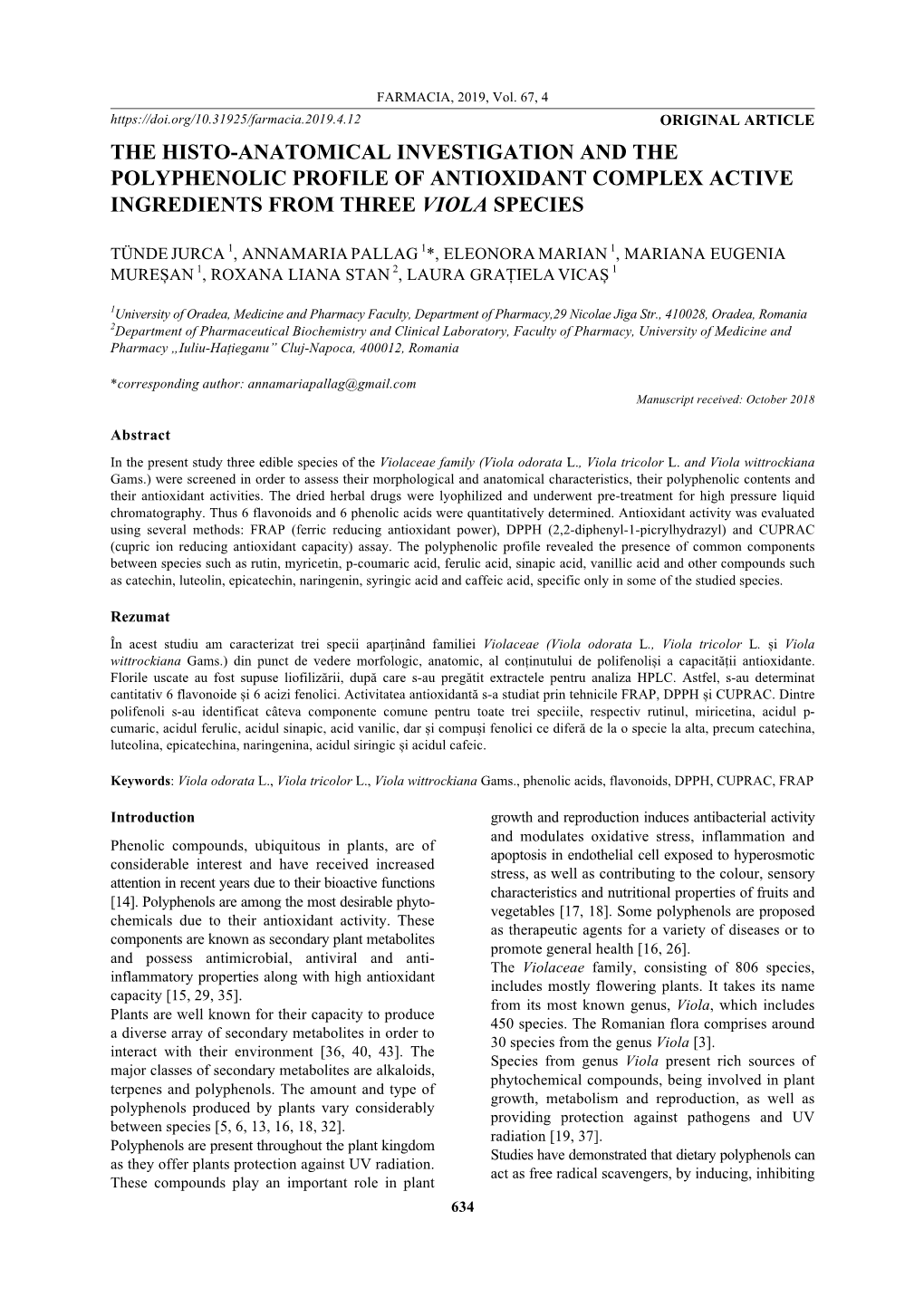 The Histo-Anatomical Investigation and the Polyphenolic Profile of Antioxidant Complex Active Ingredients from Three Viola Species