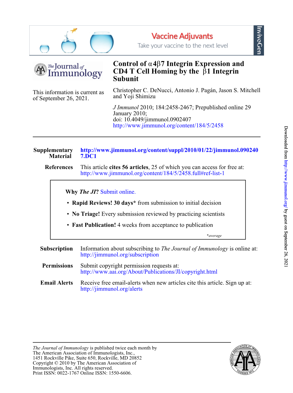 Control of Α4β7 Integrin Expression and CD4 T Cell Homing by the Β1 Integrin Subunit