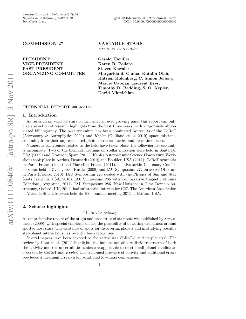 Arxiv:1111.0846V1 [Astro-Ph.SR] 3 Nov 2011 Fvral Trosreshl T 100 Its T Held C27