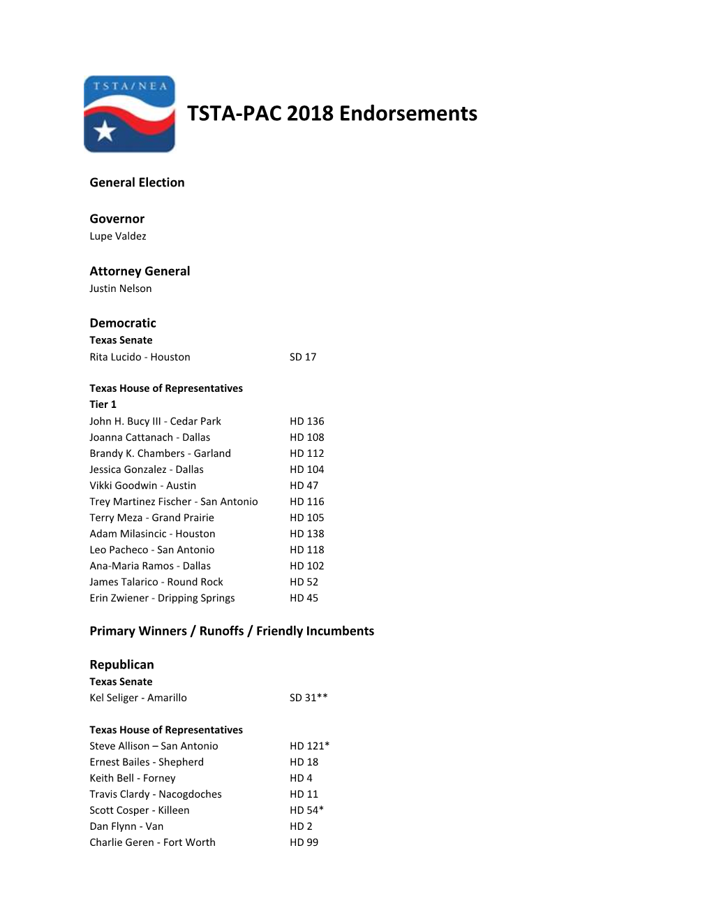 TSTA-PAC 2018 Endorsements